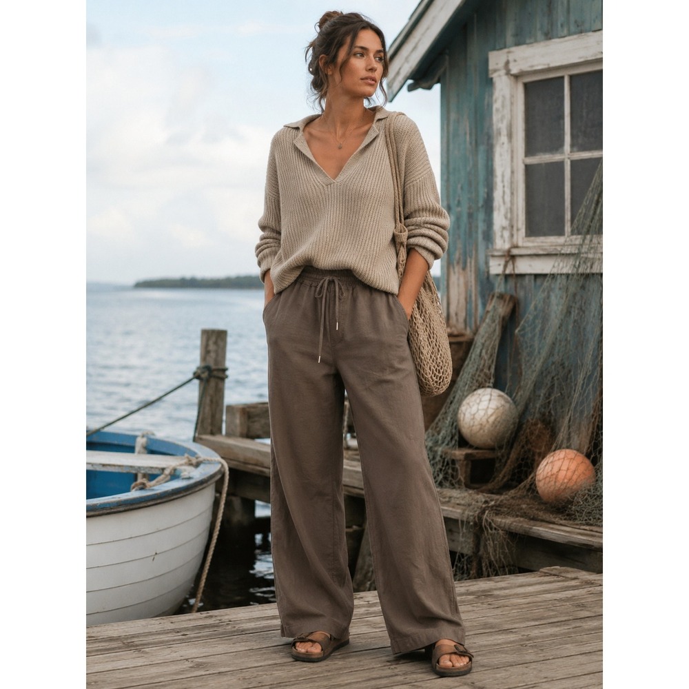 Simply Noelle Linen Blend Drawstring Pants Brown Fisherman Beachy Womens L/XL